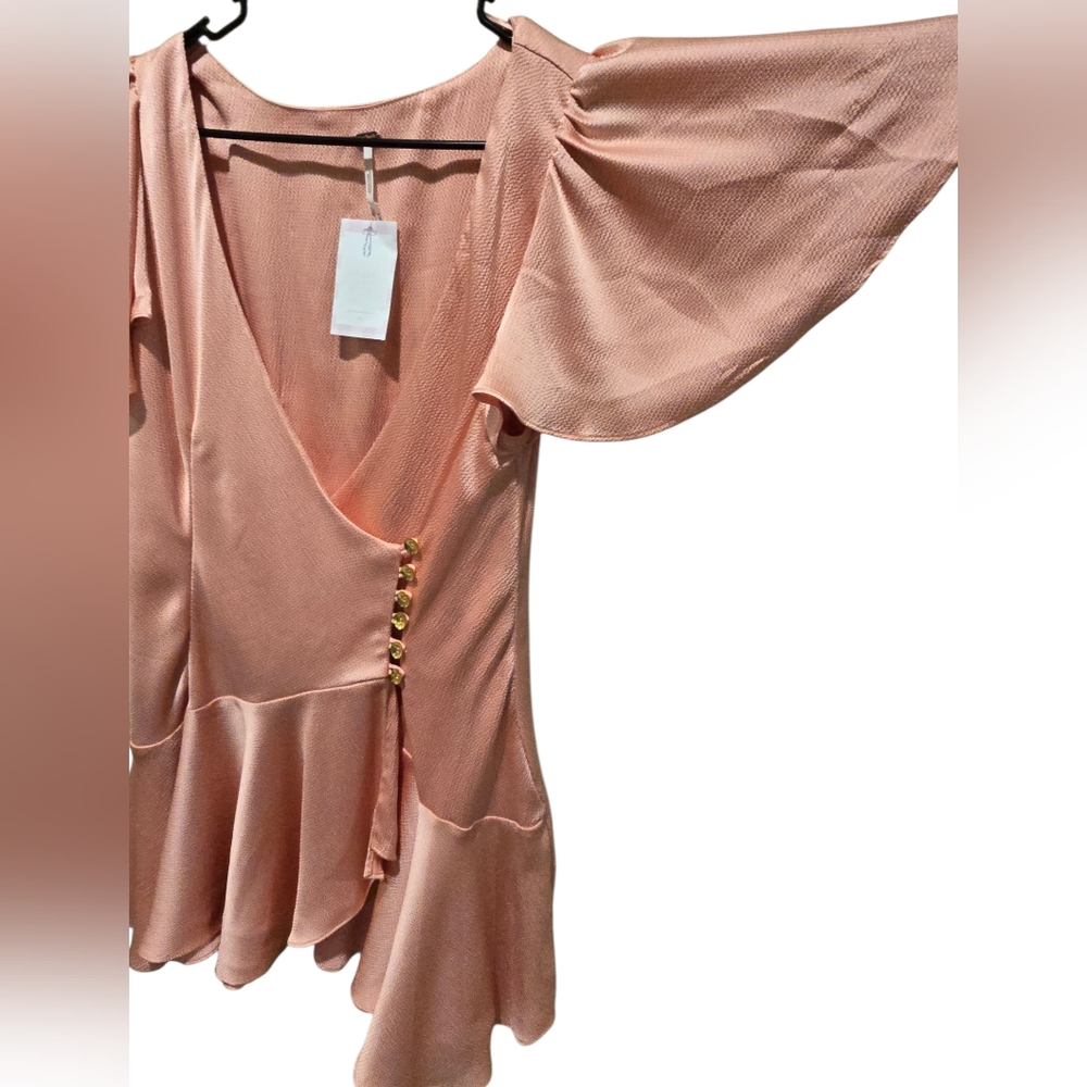 NWT Free People Blush Pink Mini Ruffle Wrap Scarlett Dress with Gold Buttons - Picture 4 of 10